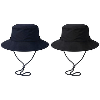 Trekk Recycled Surf Hat - Two surf hats are displayed, one in navy blue and the other in black, both featuring chin straps and a logo.