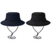 Trekk Recycled Surf Hat - Two surf hats are displayed, one in navy blue and the other in black, both featuring chin straps and a logo.