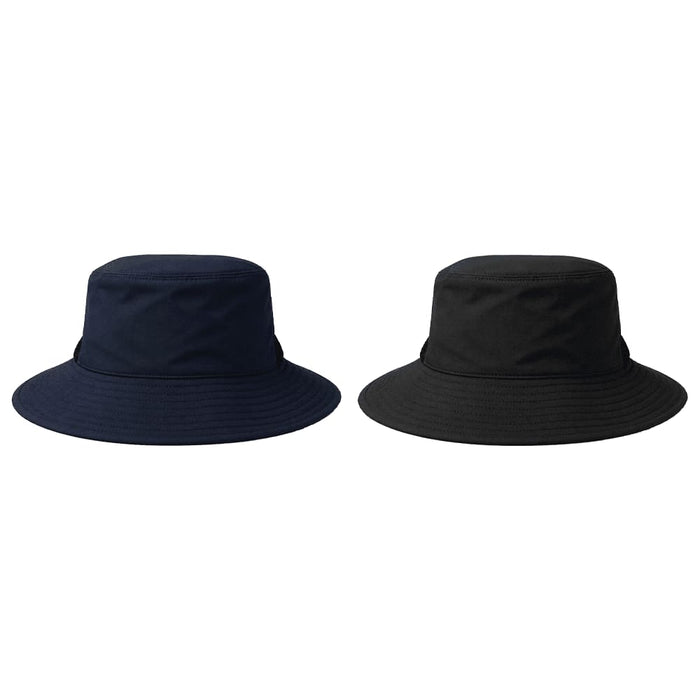 Trekk Recycled Surf Hat - Two recycled surf hats are displayed, one in navy blue and the other in black, both with wide brims and a logo.