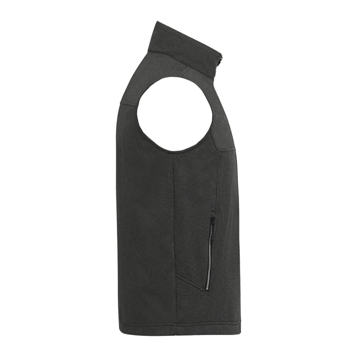Men's Joris Eco Waterproof Softshell Vest - A dark green eco waterproof softshell vest featuring a zip pocket and a high collar. Contains branding.