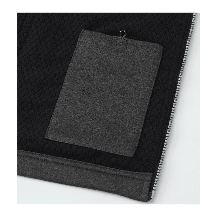 Women's Joris Eco Waterproof Softshell Vest - A dark grey softshell vest with a textured pattern and a patch pocket, featuring a logo.