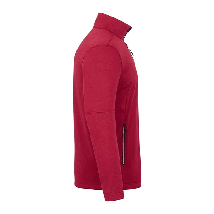 Men's Joris Eco Waterproof Softshell Jacket - A red men's softshell jacket with a high collar and zippered pockets, featuring branding on the fabric.
