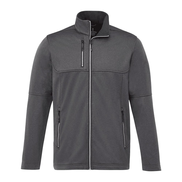 Men's Joris Eco Waterproof Softshell Jacket - A grey eco waterproof softshell jacket with a zippered front and two side pockets. It features a collar and a logo.