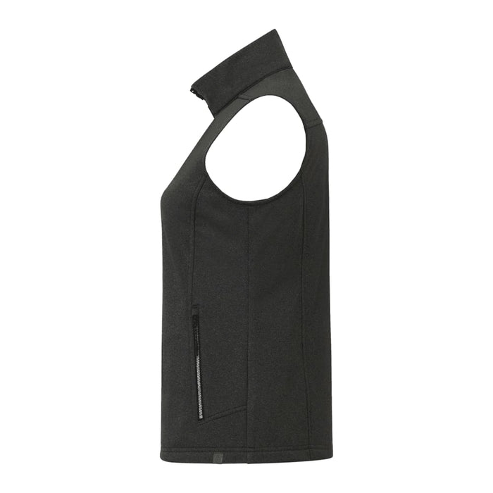 Women's Joris Eco Waterproof Softshell Vest - A women's eco waterproof softshell vest in dark grey with a zippered pocket and no sleeves. Features a branding logo.