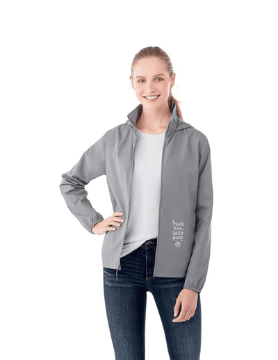 Women's TOBA Packable Jacket - A light grey women's packable rain jacket with a logo on the front, featuring a zippered closure and elastic cuffs.