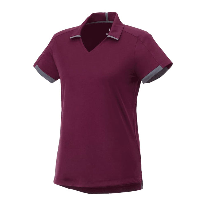Women's Cerrado Short Sleeve Performance Polo - A maroon women's short sleeve performance polo with grey accents and a v-neck design. It features a logo.