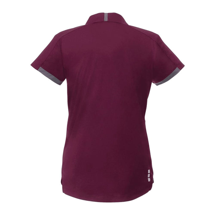 Women's Cerrado Short Sleeve Performance Polo - A maroon women's short sleeve performance polo shirt featuring a collar and grey accents. It has a logo on the back.