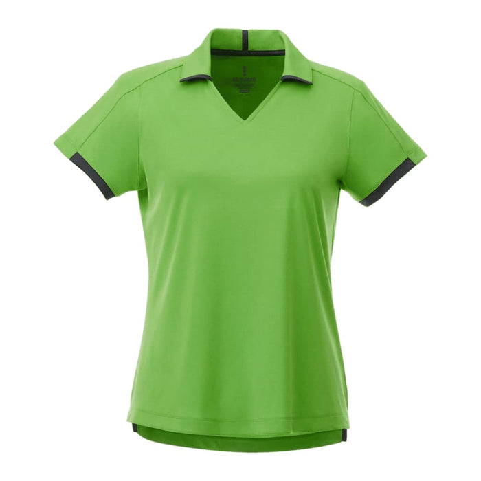 Women's Cerrado Short Sleeve Performance Polo - A green women's polo shirt with short sleeves and a V-neck, featuring a contrasting trim. It has a logo.