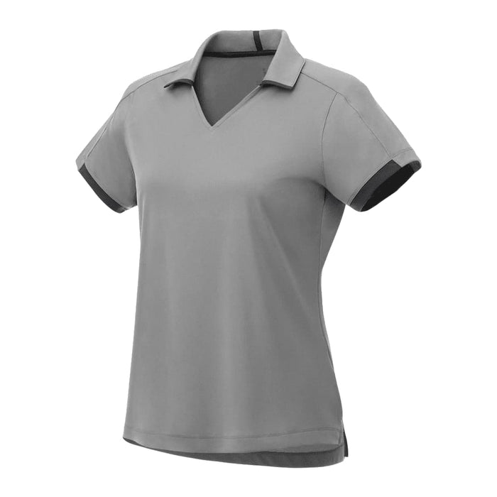 Women's Cerrado Short Sleeve Performance Polo - A grey women's performance polo shirt featuring short sleeves and a v-neck design. It has a logo on it.