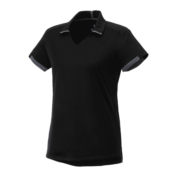 Women's Cerrado Short Sleeve Performance Polo - A black women's short sleeve polo shirt with contrast trim and a logo. Suitable for performance wear.