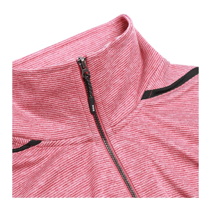 Women's Dege Eco Knit Performance Half Zip - A red and white striped half zip jumper with a high collar and a branded logo.