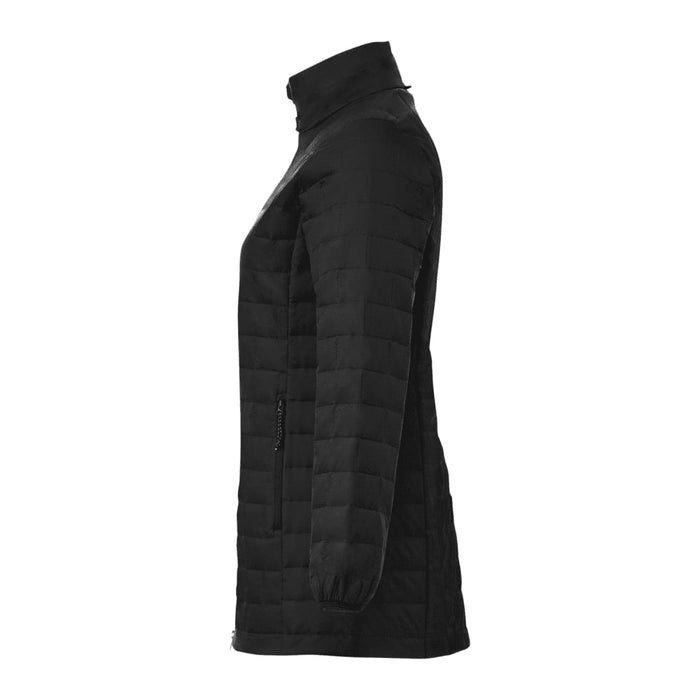 Womens Telluride Lightweight Packable Insulated Puffer Jacket - A black, lightweight, packable insulated puffer jacket with a high collar and side zip pockets, featuring a logo.