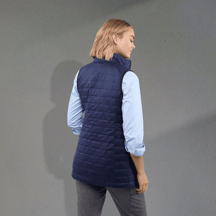 Women's Telluride Lightweight Packable Insulated Puffer Vest - A women's insulated puffer vest in navy, featuring a lightweight, packable design and a branded logo.
