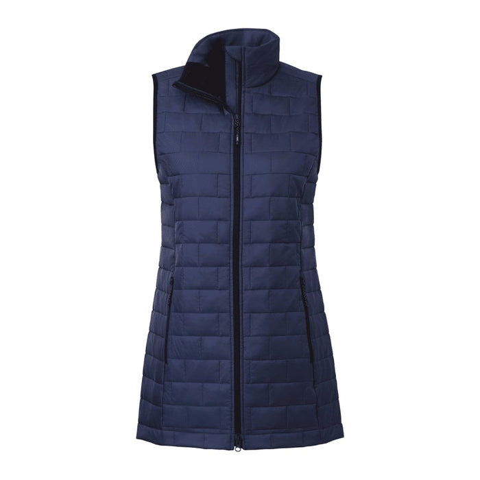 Women's Telluride Lightweight Packable Insulated Puffer Vest - A navy women's lightweight packable insulated puffer vest with a high collar and a zip closure.