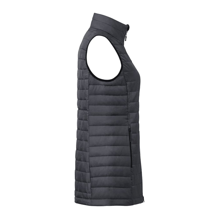 Women's Telluride Lightweight Packable Insulated Puffer Vest - A women's lightweight puffer vest in dark grey, featuring a high collar and sleeveless design with side zippers.