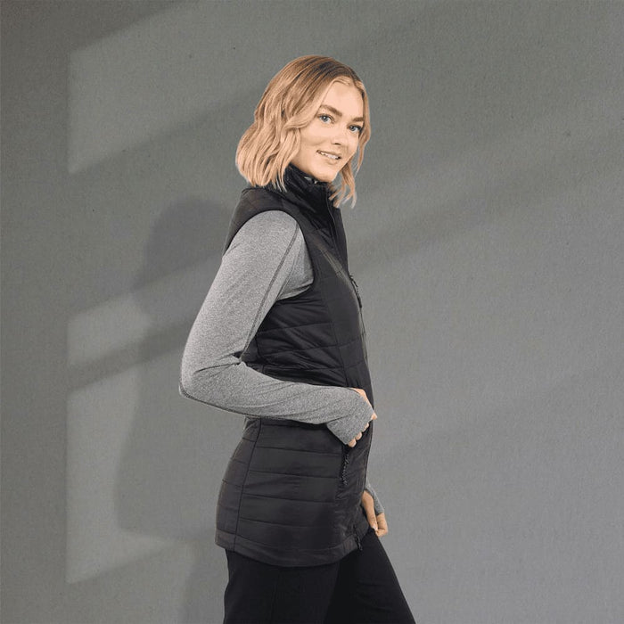 Women's Telluride Lightweight Packable Insulated Puffer Vest - A lightweight packable insulated puffer vest in black, featuring a sleek design and a high neckline.
