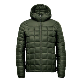 Men's Tundra Thermal Jacket - A green puffer jacket with a hood, featuring a quilted design and a zip closure at the front. It has a logo.