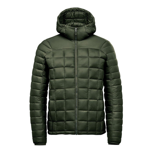 Men's Tundra Thermal Jacket - A green puffer jacket with a hood, featuring a quilted design and a zip closure at the front. It has a logo.