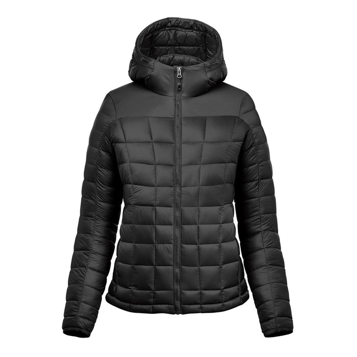 Women's Tundra Thermal Jacket - A women's puffer jacket in black featuring a hood and a quilted design with a front zipper.