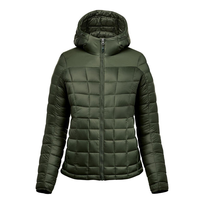 Women's Tundra Thermal Jacket - A women's puffer jacket in olive green with a zip front and a hood, featuring a quilted design. It has a logo on the side.