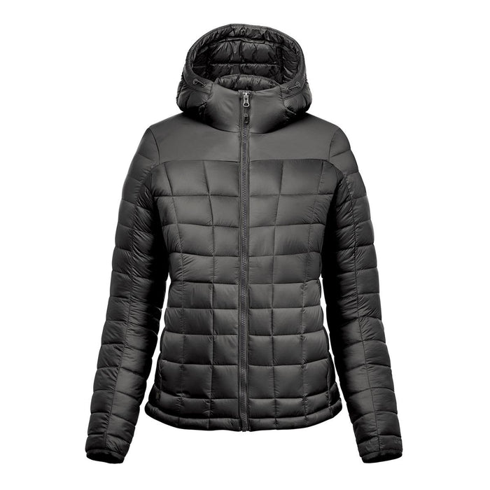 Women's Tundra Thermal Jacket - A women's puffer jacket in black, featuring a hood and a quilted pattern. It has a front zip and a logo on the side.