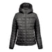 Women's Tundra Thermal Jacket - A women's puffer jacket in black, featuring a hood and a quilted pattern. It has a front zip and a logo on the side.
