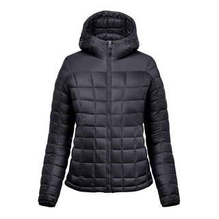Women's Tundra Thermal Jacket - A women's puffer jacket in black, featuring a quilted design and a hood, with a front zipper and long sleeves.