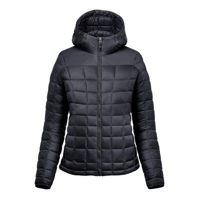 Women's Tundra Thermal Jacket - A women's puffer jacket in black, featuring a quilted design and a hood, with a front zipper and long sleeves.