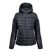 Women's Tundra Thermal Jacket - A women's puffer jacket in black, featuring a quilted design and a hood, with a front zipper and long sleeves.