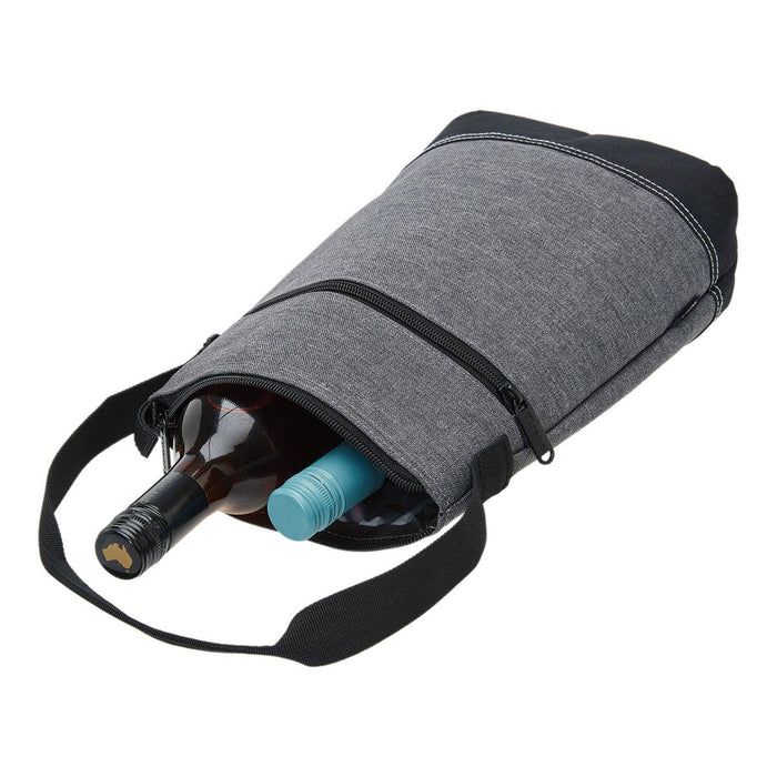 Tirano Two Bottle Wine Cooler - A drink bottle cooler in grey fabric, featuring two compartments for bottles and a black strap.
