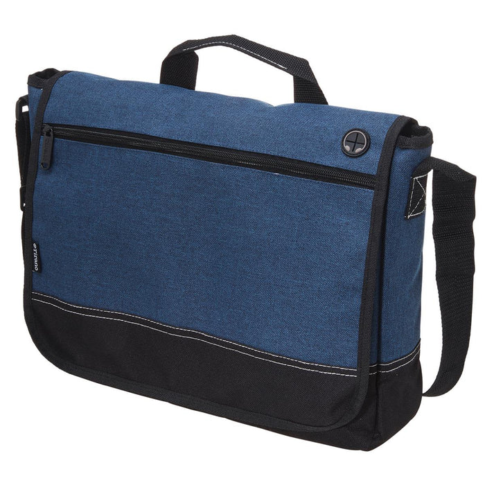 Tirano Laptop Satchel - A blue and black laptop satchel featuring a front zip pocket and an adjustable strap, with a logo on the front.