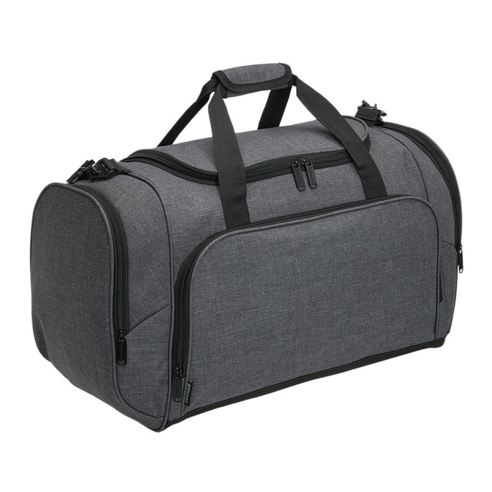 Tirano Travel Bag - A grey duffle bag with black accents, featuring a handle and zippers, and has a branding logo.