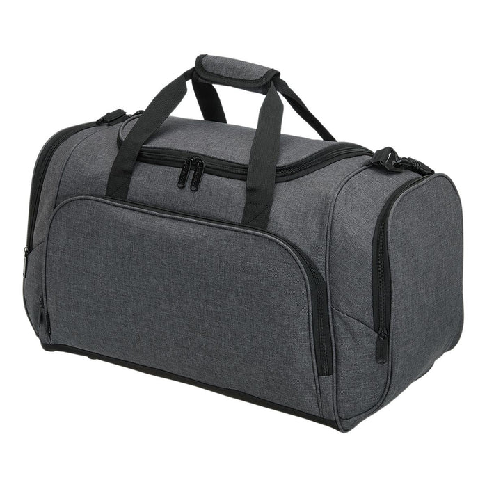 Tirano Travel Bag - A grey duffle bag with dual handles and a shoulder strap, featuring multiple compartments and a logo.