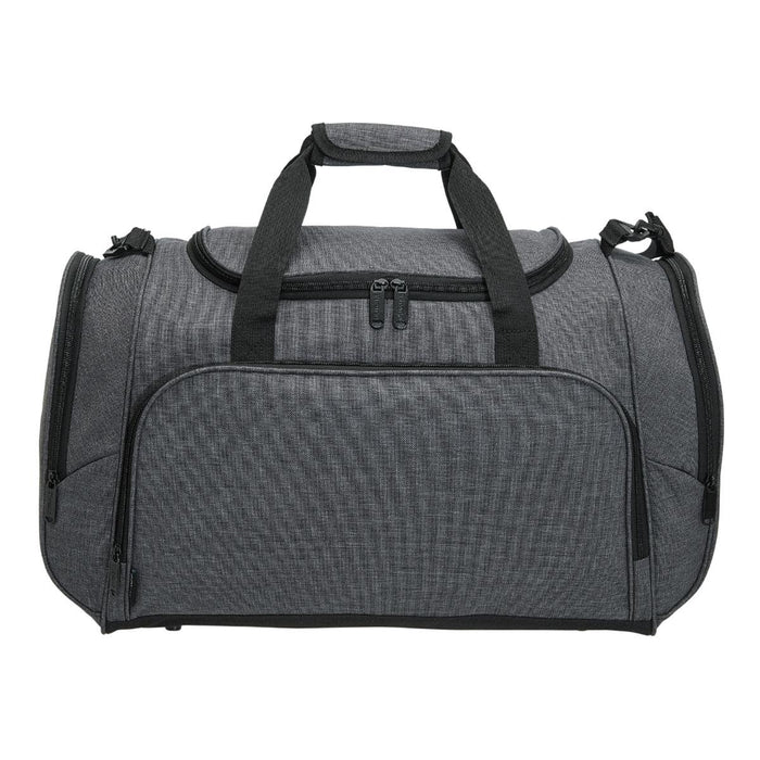 Tirano Travel Bag - A grey duffle bag with zipped compartments and dual handles, featuring a branding logo.