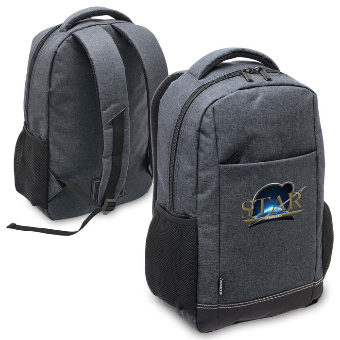 Tirano Laptop Backpack - A grey laptop backpack featuring a branded logo, with side mesh pockets and adjustable shoulder straps.