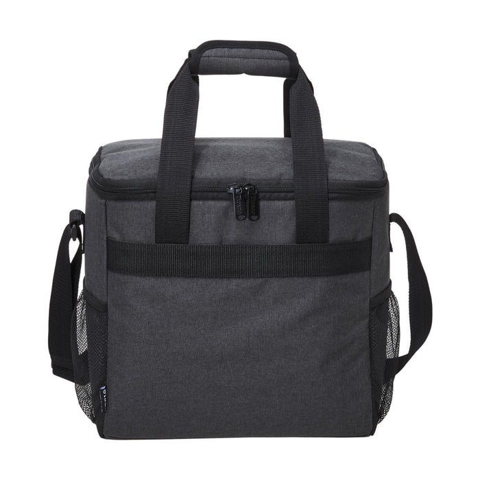 Tirano Cooler - A grey cooler bag with dual handles, a detachable shoulder strap, and mesh side pockets. It features a zippered closure and branding.