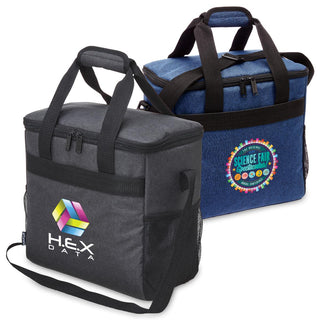 Tirano Cooler - A dual set of cooler bags in black and navy blue, featuring handles and mesh pockets, with logos displayed.