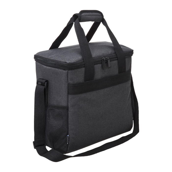 Tirano Cooler - A charcoal grey cooler bag with dual handles, a shoulder strap, and a side mesh pocket. It features a branded logo.