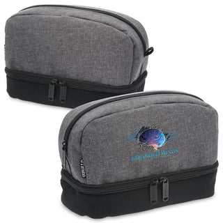 Tirano Toiletry Bag - A grey toiletry bag with a black base, featuring a logo on the front. It has dual zip compartments.