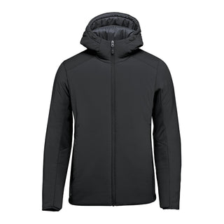 Men's Cascadia Thermal Jacket - A black puffer jacket with a hood, featuring a front zipper and side pockets, and a logo on the left side.