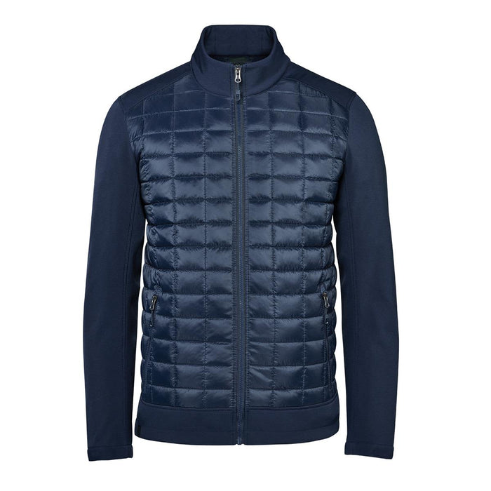 Men's Appalachian Thermal Softshell Jacket - A navy blue men's softshell jacket featuring a quilted front and a zippered closure. It has a logo on it.