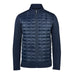 Men's Appalachian Thermal Softshell Jacket - A navy blue men's softshell jacket featuring a quilted front and a zippered closure. It has a logo on it.