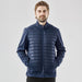 Men's Appalachian Thermal Softshell Jacket - A man wearing a navy thermal softshell jacket with a quilted front, featuring a zip and side pockets.