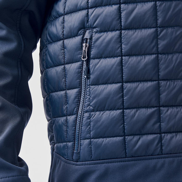Men's Appalachian Thermal Softshell Jacket - A navy thermal softshell jacket featuring a quilted texture and a zippered pocket on the side.