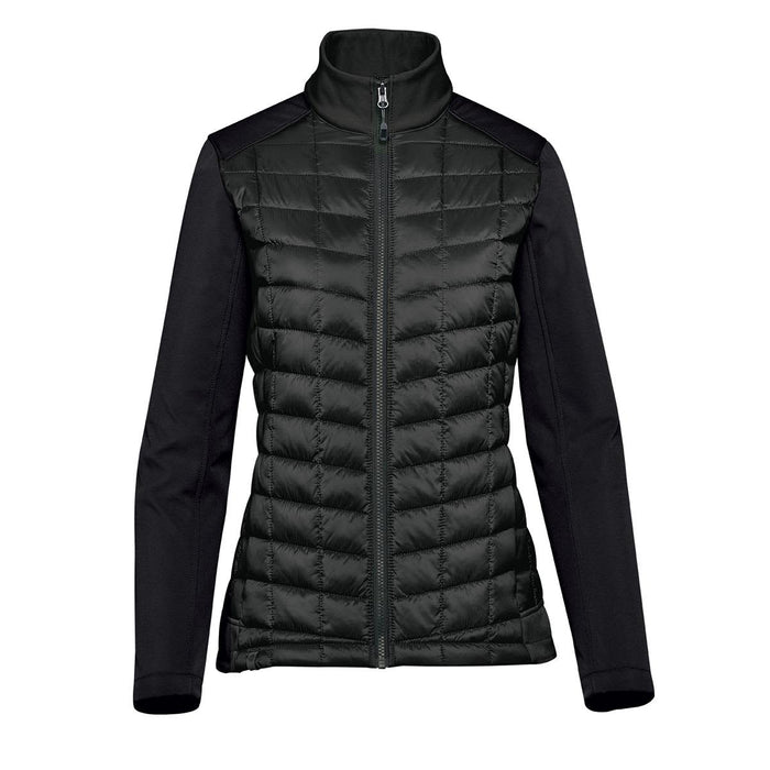 Women's Appalachian Thermal Softshell Jacket - A women's softshell jacket in black, featuring a quilted front and smooth sleeves. It has a zip closure and a high collar.