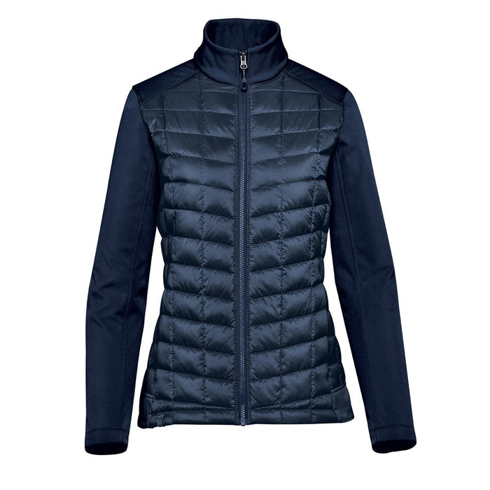 Women's Appalachian Thermal Softshell Jacket - A women's softshell jacket in navy with a quilted front and a high collar, featuring a logo on the chest.