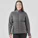 Women's Appalachian Thermal Softshell Jacket - A grey women's softshell jacket with a quilted front and a zip-up design, featuring a logo on the chest.