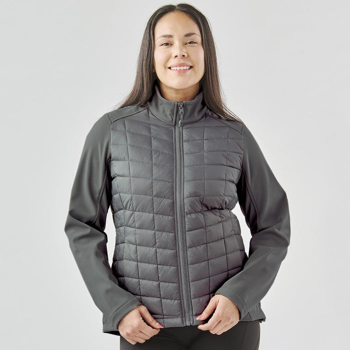 Women's Appalachian Thermal Softshell Jacket - A women's softshell jacket in grey with a quilted front and long sleeves. Features a zip-up front and a logo.