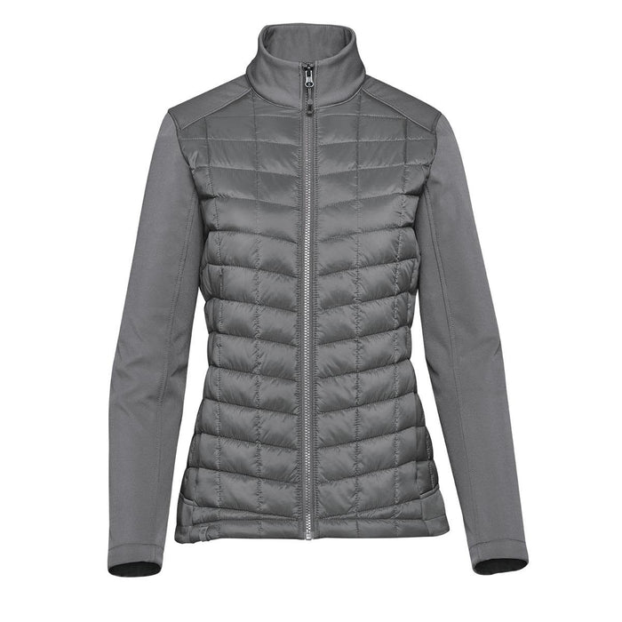 Women's Appalachian Thermal Softshell Jacket - A grey women's softshell jacket featuring a quilted design and high collar, with a zippered front and branding.