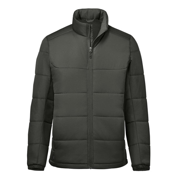 Men's Sierra Thermal Jacket - A dark grey puffer jacket with a high collar and zip front, featuring a logo on the side.